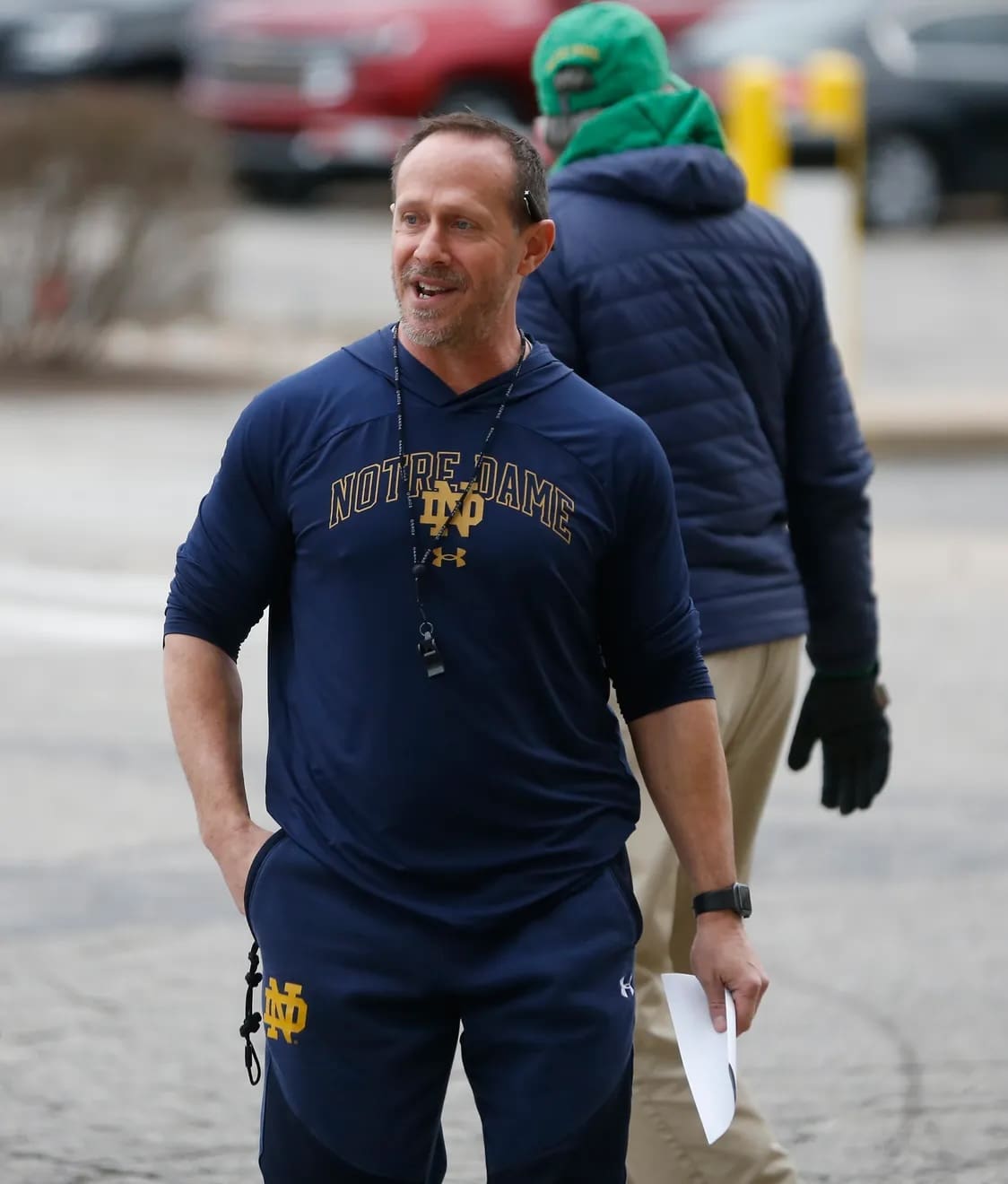 Notre Dame strength and conditioning coach Loren Landow heads into practice Thursday, March 7, 2024, at the Irish Athletics Center in South Bend.